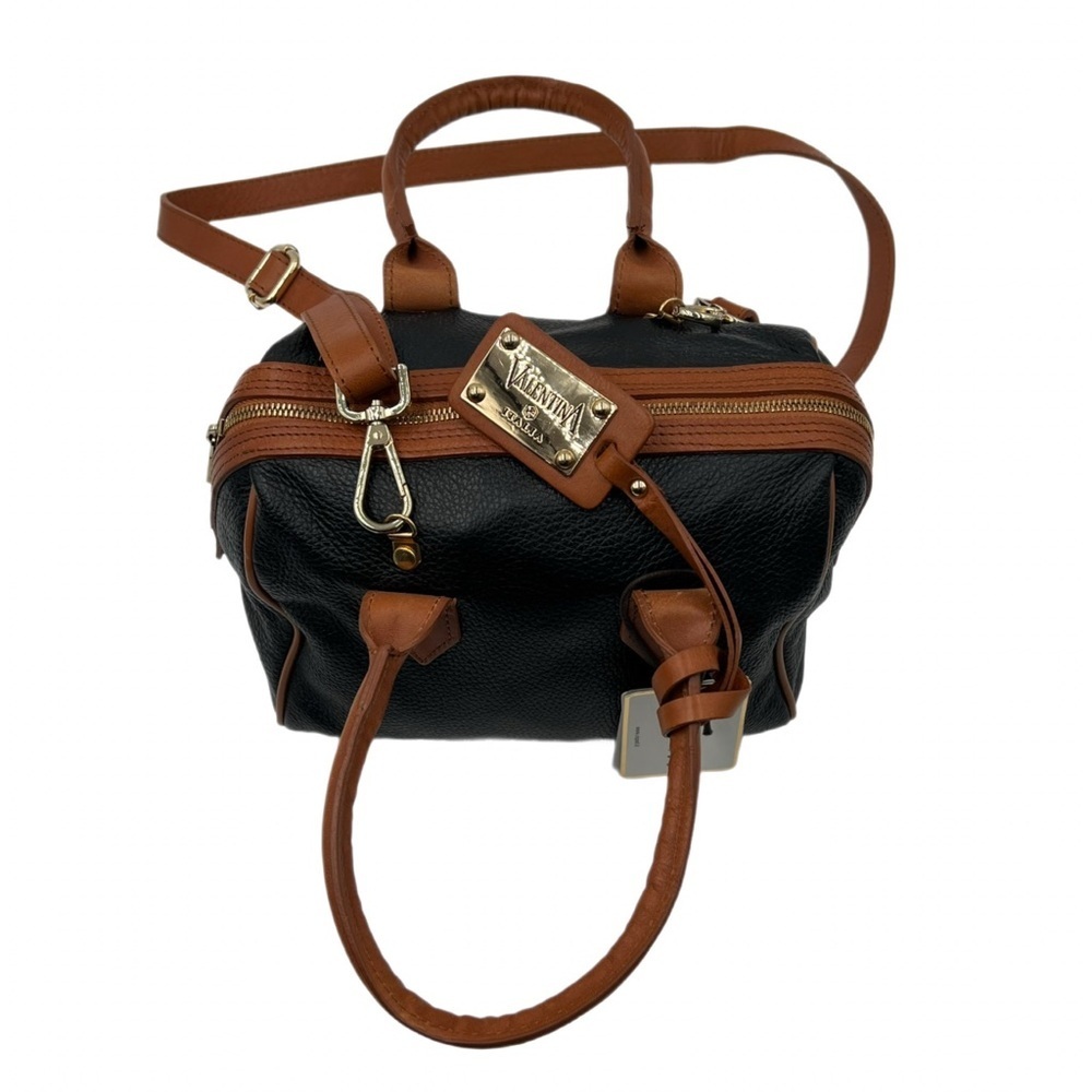 Valentina Pebbled Italian Leather Satchel Bag Navy Tan Top Handle Crossbody